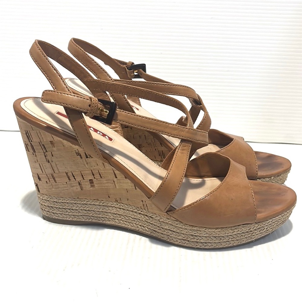 PRADA Leather Ankle Strap Platform Wedges Sandals Heels 40 - Picture 3 of 16